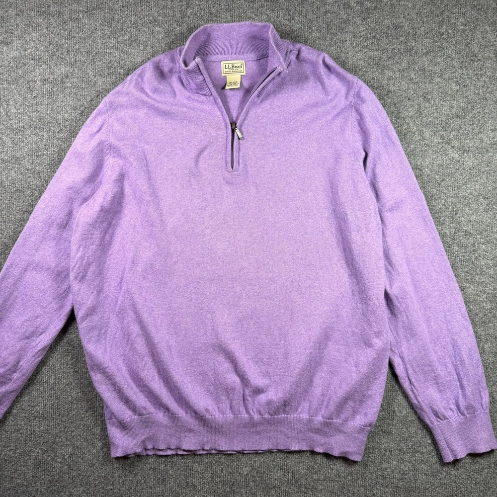 LL Bean Quarter Zip Sweater Mens XL Purple Cotton Cashmere Blend Pullover
